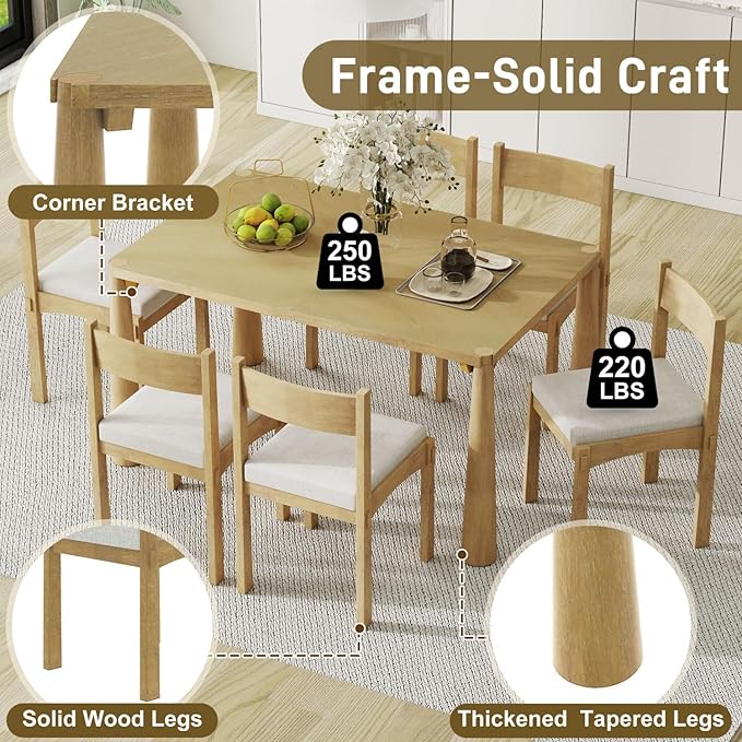 Dining Table with Chairs Set of 6, 7-Piece 60" Farmhouse Rectangular Dining Room Table with 6 Upholstered Solid Wood Chairs, Space Saving Kitchen Tables for Small Place, Natural Rubber Wood