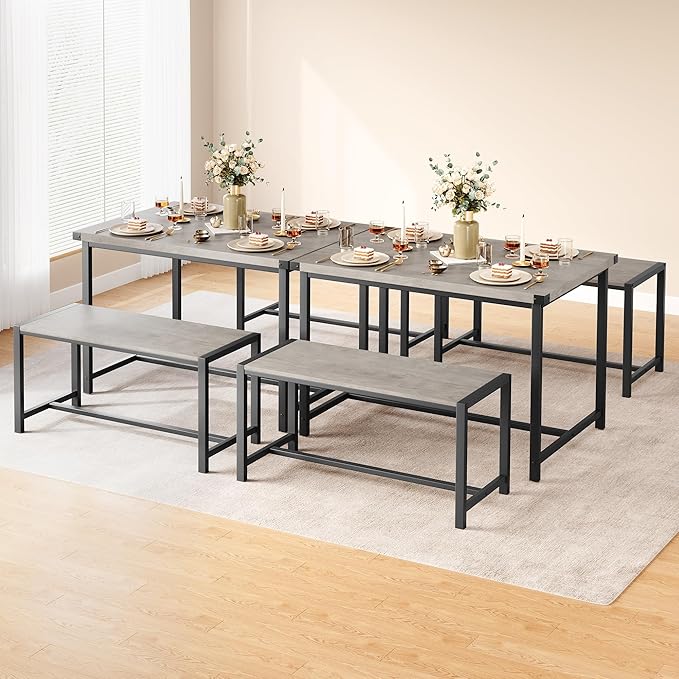 Dining Table Set for 4 with 2 Benches, 3-Piece Kitchen Table Set, Space-Saving Dining Set for Kitchen, Dining Room, Gray