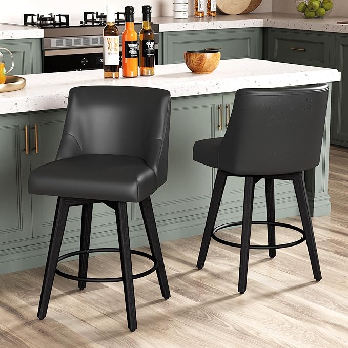 Counter Height Bar Stools Set of 4, Modern Swivel Barstools with Back and Wood Legs, Faux Leather Upholstered Bar Chairs, 26" H Kitchen Counter Stools, Kitchen Island Home Bar, Black Grey