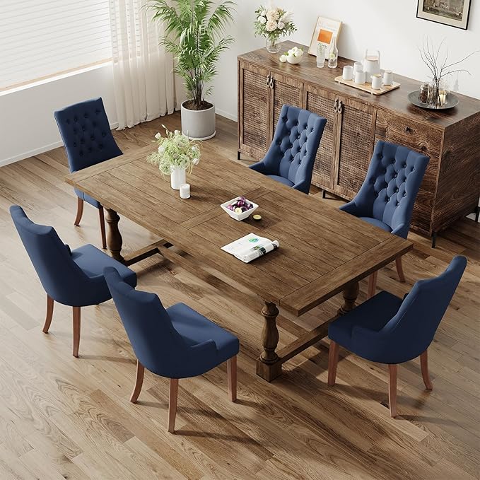 COLAMY Wingback Upholstered Side Dining Room Chairs Set of 6, Fabric Dining Chairs with Tufted Button, Living Room Chairs for Home Kitchen, Blue