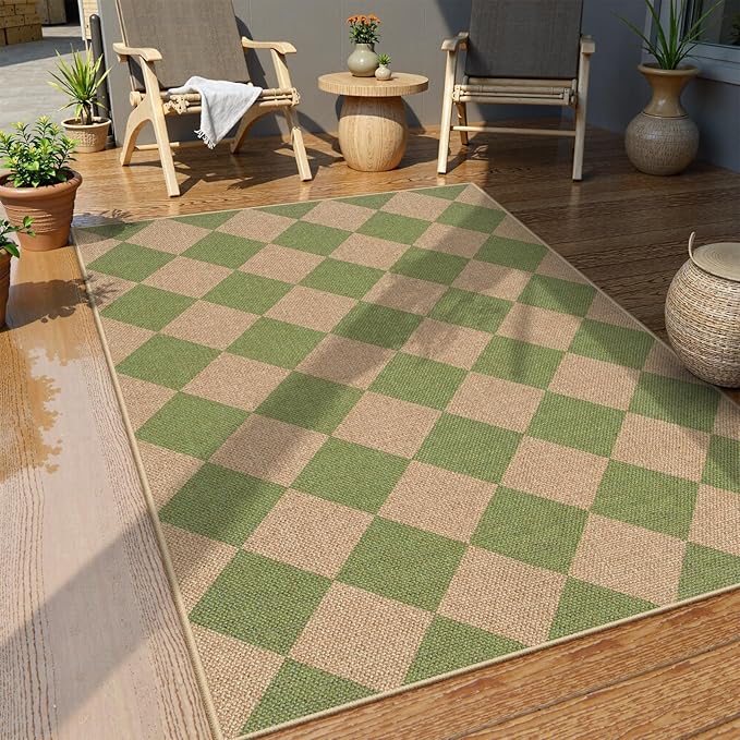 Lahome Green Checkered Easy Jute Rug, 3x5 Washable Outdoor Rug Neutral Rug for Entryway, Checkerboard Non Slip Non Shedding Floor Carpet for Living Room Front Door Porch