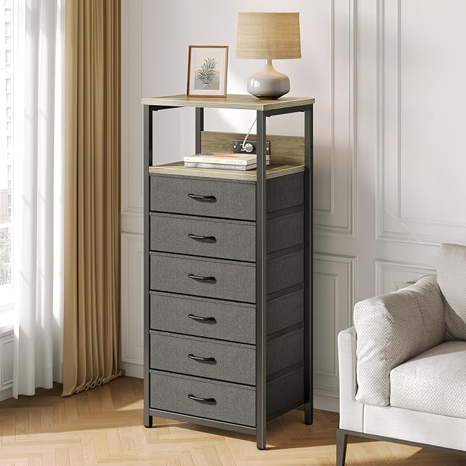 Seventable Night Stand with Charging Station, Tall Nightstand with 6 Fabric Storage Drawers, Side Table with LED Light for Bedroom, Entryway, Greige