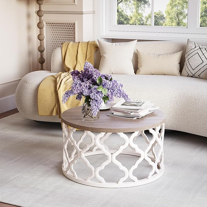 karlott Farmhouse Coffee Table, French Country Round Coffee Table, Coastal Coffee Table with Distressed Wood Top, Boho Coffee Table with Curved Motif Frame Base for Living Room, Dining Room, Bedroom