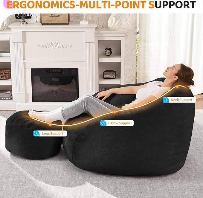 HABUTWAY Bean Bag Chair, Giant Bean Bag Chairs for Adults with Ottoman, Comfy Faux Fur Shell-Shaped Bean Bag Couch, Sofa Chair for Living Room, Bedroom, Black