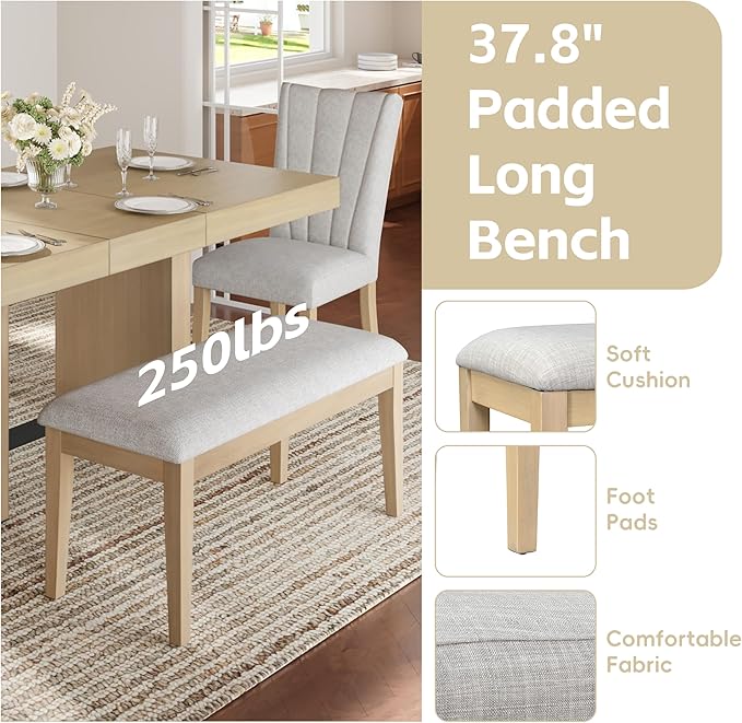 Ball & Cast 6 Piece Farmhouse Dining Table Set with Extendable Table,4 Upholstered Chairs & 1 Bench,Wooden Kitchen Table Set of 6,Backrest Chair with Table & Upholstery-Bench,for Dining Room,Natural