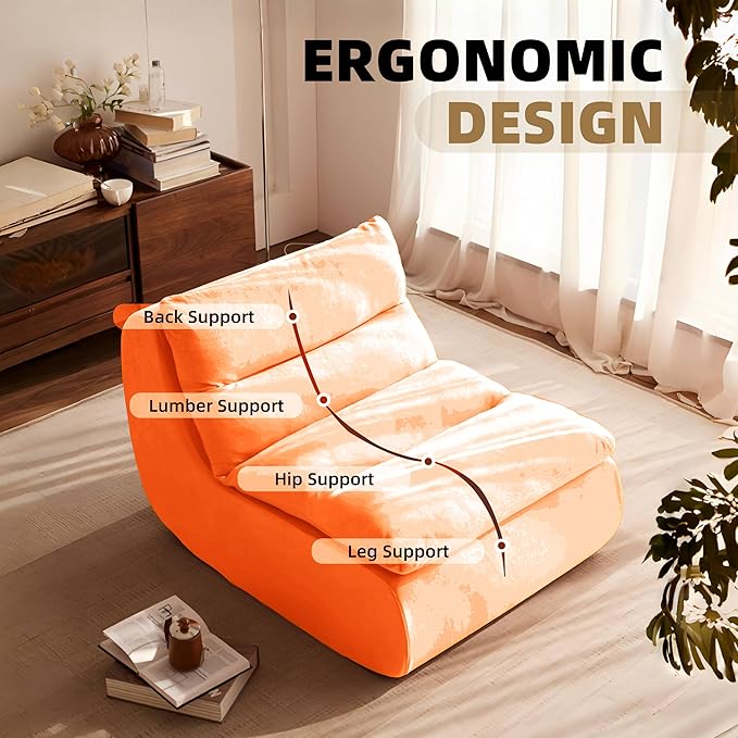 Bean Bag Chair - Memory Foam Bean Bag Chair for Adults, Comfy High-Resilience Single Sofa, Small Space Floor Chair, Chaise Lounge for Living Room, Bedroom (Orange, Cushions)