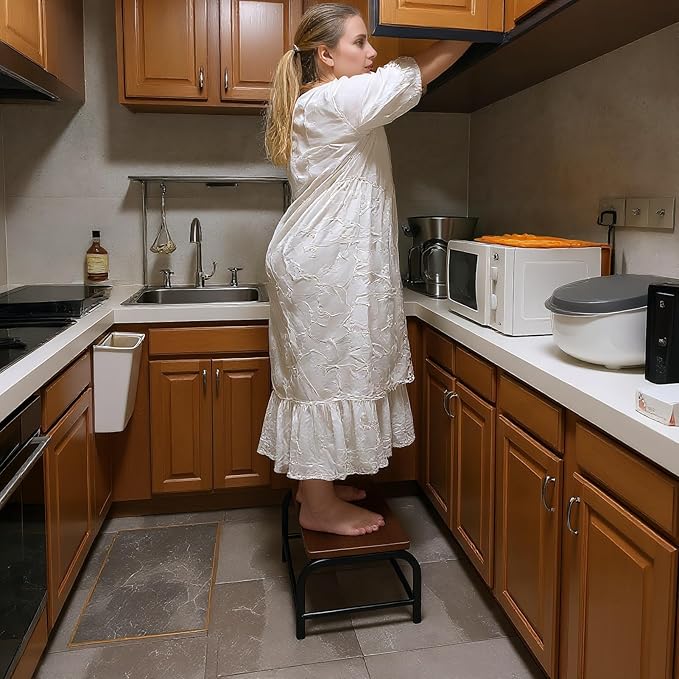 Dual Anti-Slip Solid Wood & Metal - Wooden Small Step Stool for Children/Adults/Elderly, 500 lbs Load Capacity, Safety Step, Ideal for Home/Kitchen/Bedside (Black, One-Step Stool)