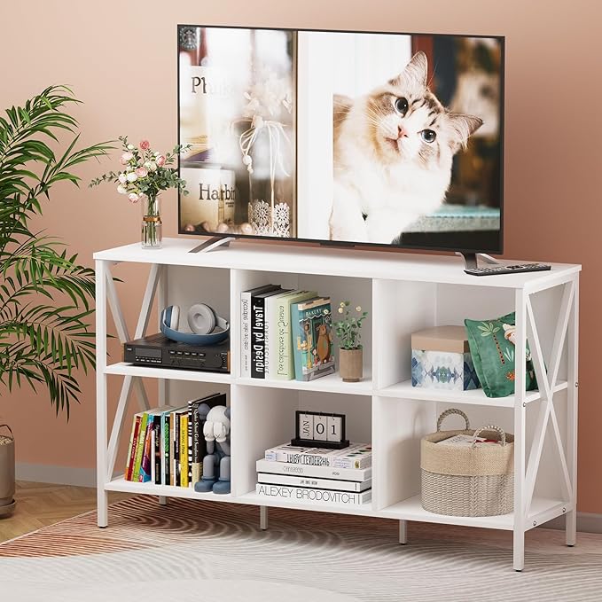 Horizontal Bookshelf Bookcase,6 Cube Storage Organizer with Open Shelf,47 Inch Industrial Low Wide Wood and Metal Cubby Shelf,Long Shelving Unit for Home Office Living Room(White,6 Cube)