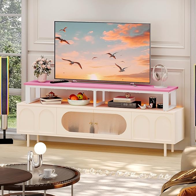 Clikuutory 59" Large TV Riser for 32-75 inch TVs, Tabletop Stand with Steel Legs, Storage & Dual - Screen Office Desk Function, Ideal for Home Office, Bedroom, Living Room, Pink