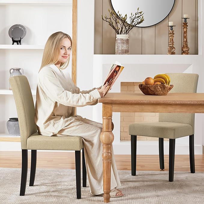 Yaheetech Dining Chairs Set of 2 Fabric Upholstered Parson Kitchen Chairs with Padded Seat and Solid Wood Legs for Dining Room/Restaurant, Khaki