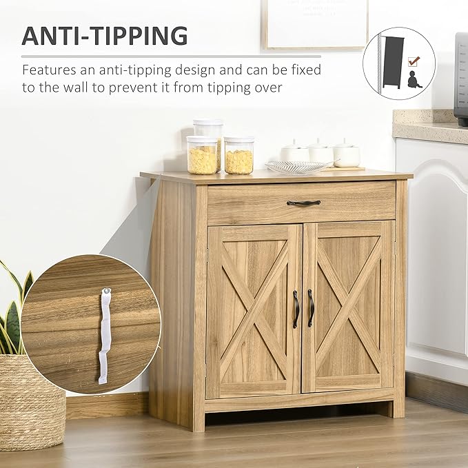 HOMCOM Farmhouse Sideboard Buffet Cabinet, Barn Door Coffee Bar Cabinet with Drawer and Adjustable Shelf, for Living Room, Entryway, Natural Wood Effect