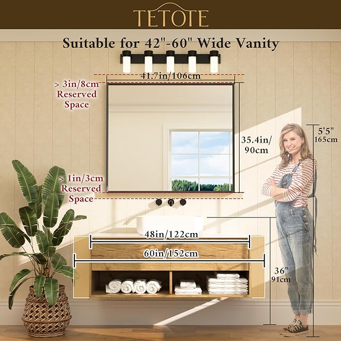 TETOTE Bathroom Mirror for Over Sink Brushed Nickel Beveled Frame 42" x 36" Rectangle Bathroom Vanity Wall Mirror, Tempered Glass, Stronger Frame, Modern Farmhouse Bedroom, Entryway, Living Room