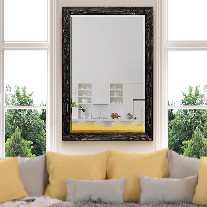 Black Rustic Mirror Rectangular Barnwood Framed Wall Mirror for Home Decor, Vertical or Horizontal Hanging, 41x29
