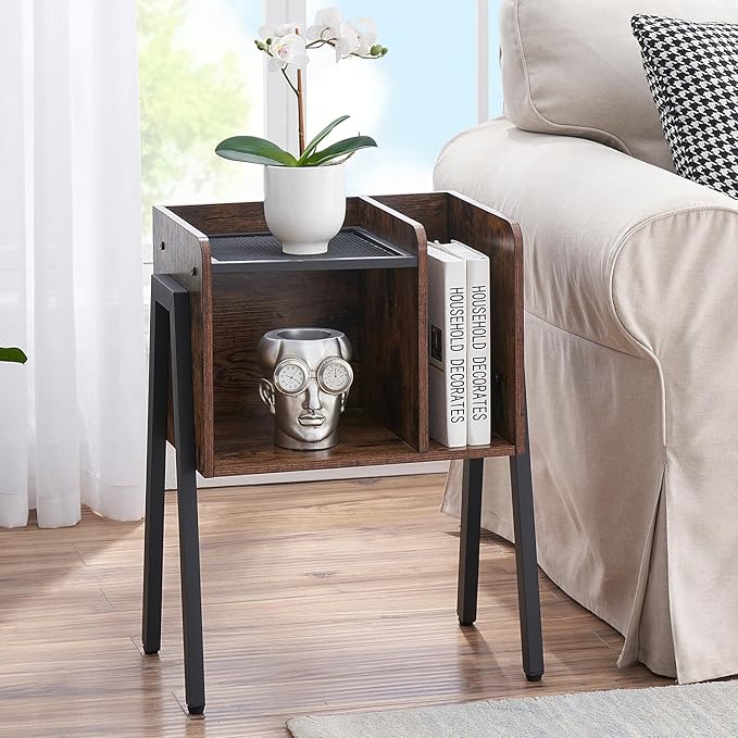 VECELO Nightstand Set of 2,Industrial End Table,Bedside Table with 2-Tier Open Storage Shelves,Wood Side Table with Metal Frame for Bedroom, Living Room,Small Spaces