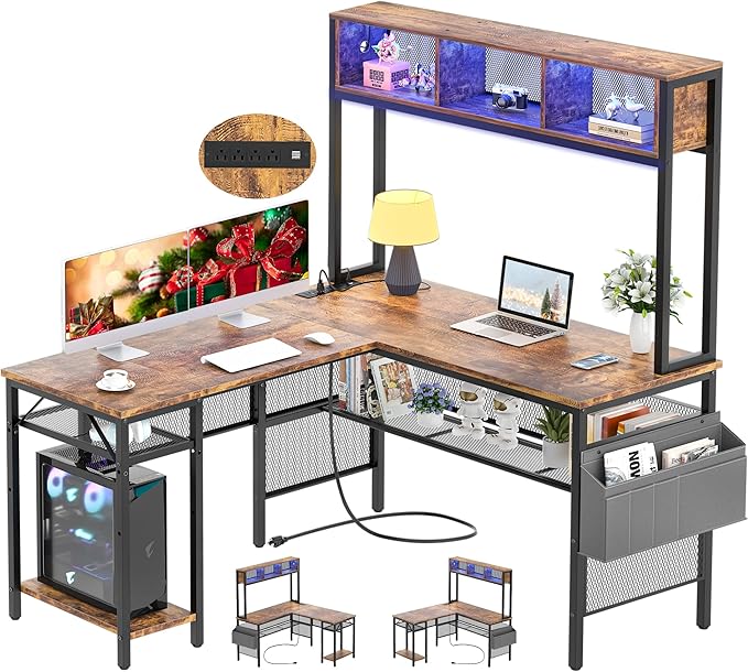 Unikito L Shaped Computer Desk with LED Strip and Power Outlets, Reversible L-Shaped Corner Desk with Storage Shelves and Bag, Rustic Brown