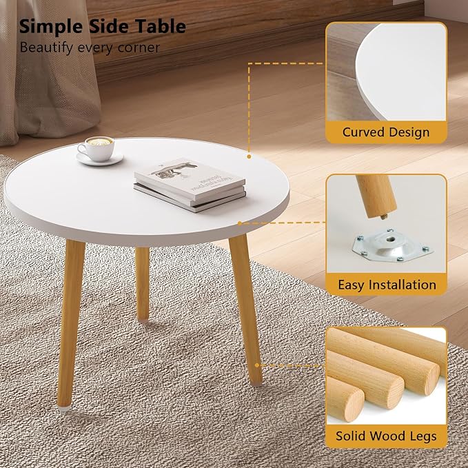 Round Coffee Table Low Table with 3 Solid Wood Sturdy Legs, Floor Table Desk for Sitting on The Floor, Storage and Living Room Furniture (White)