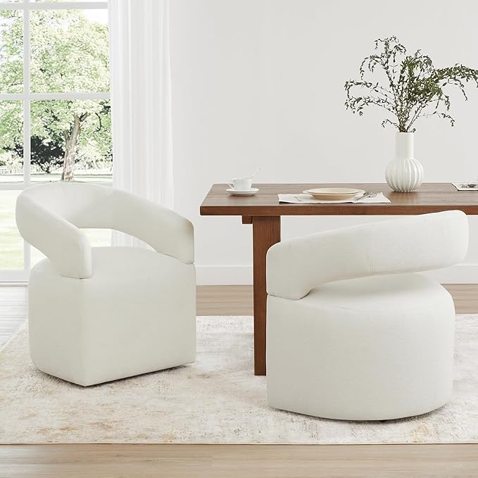 Upholstered Dining Chairs with Removable Casters Barrel Side Armchair with Rollers for Diningroom Bedroom Livingroom Reading Room, Ivory, 4PCS