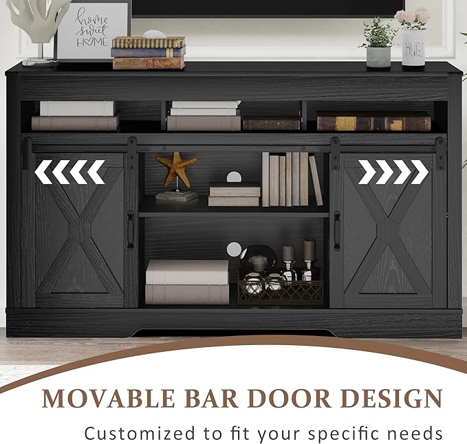 RoyalCraft Farmhouse TV Stand with Sliding Barn Door for TVs up to 65+ Inch, 34" Tall Entertainment Center, Wood Media Console Storage Cabinet for Bedroom, Living Room, Black