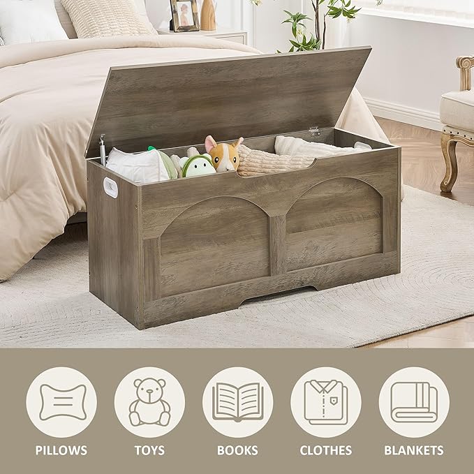 Storage Bench, 39.4" Retro Wooden Storage Chest Trunk, Large Toy Chest with Lift Top, Toy Box U-Shaped Opening, 39.4" x 15.7" x 18.3", Supports 330 lb, Entryway Bench for Living Room, Grey