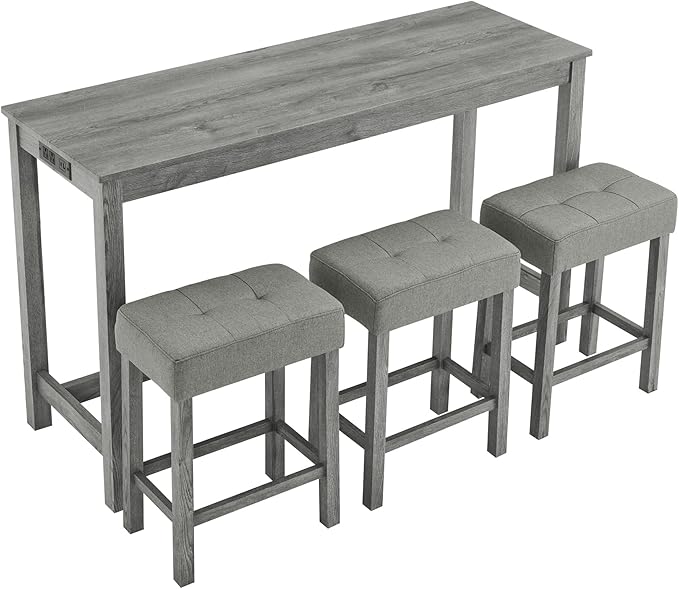 Ball & Cast 4 Piece Kitchen Dining Room Table and Chairs Set, Farmhouse Wooden Counter Height Bar-Sets w/USB Ports & Power Outlet & 3pcs Stools, 59" Sofa-Table Barstool w/Charging Station, Grey