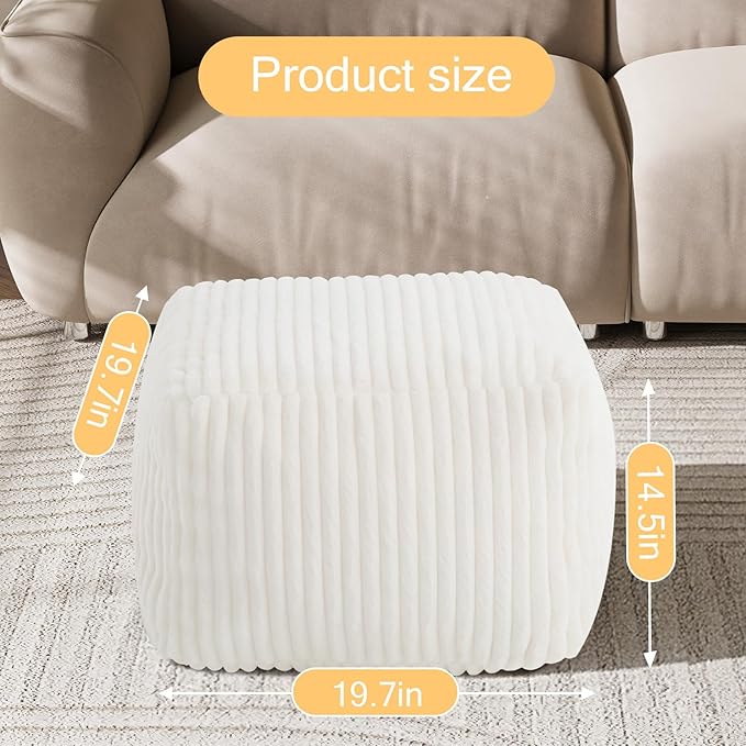 MeMoreCool Square Stuffed Pouf Ottoman Foot Rest, Stripe Furry Floor Pouf Foot Stool with Foam Chunk Filling, Soft Fluffy Stuffed Ottoman Footrest for Living Room, Faux Fur Beige