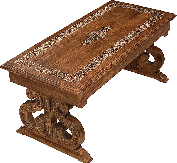 Lightnpro Handcrafted Mango Wood Rectangular Coffee Table - Vintage Rustic Living Room Center Table with Intricate Carving, Modern Farmhouse Style, Eco-Friendly Furniture - 40x18 Inch Burnt Finish