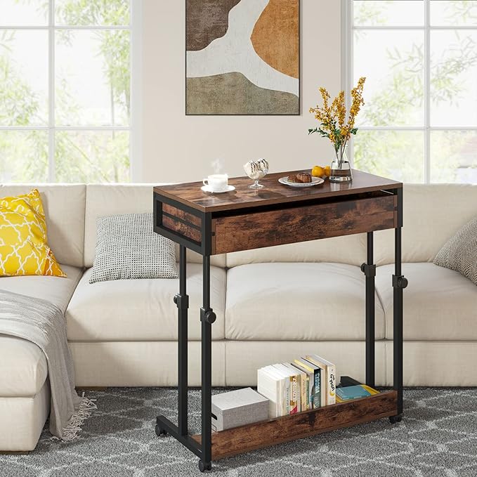 Tribesigns Portable Desk with Drawers, Mobile Laptop Desk with Wheels, Sofa Side Table Small Portable Standing Rolling Table for Home Office