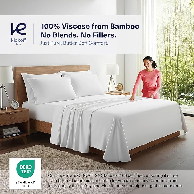 Kickoff Viscose Bamboo Sheets Twin Size 3-pc 100% Organic Bamboo Viscose Bed Cooling Sheets Twin Size Set Cool Bedding for hot Sleepers Sheet, Flat, Fitted, Pillowcase (Snow White, T)