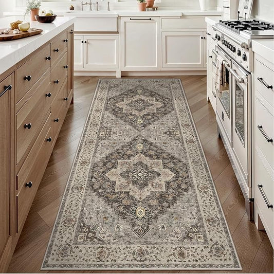 Tangsoo 2x6 Washable Runner Rug for Hallways, Non Slip Vintage Runner, Soft Low Pile Long Rug Runner, Print Distressed Brown/Grey Carpet Runners for Kitchen Bedroom Entryway Bathroom Living Room