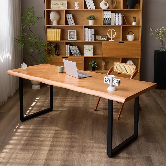 Stylish Solid Wood Office Desk with Sturdy Metal Base - Durable Executive Computer Desk or Dining Table in Multiple Sizes - Perfect for Home Office and Work Environments(Tan70.87in)