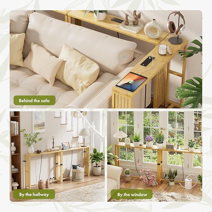 2 Pack Narrow Console Table Bamboo, 78.8" Long Entryway Tables with 2 Power Outlets and USB-C Ports, Couch Table Behind Sofa for Display, Hallway, Living Room, Bedroom, Foyer, Natural