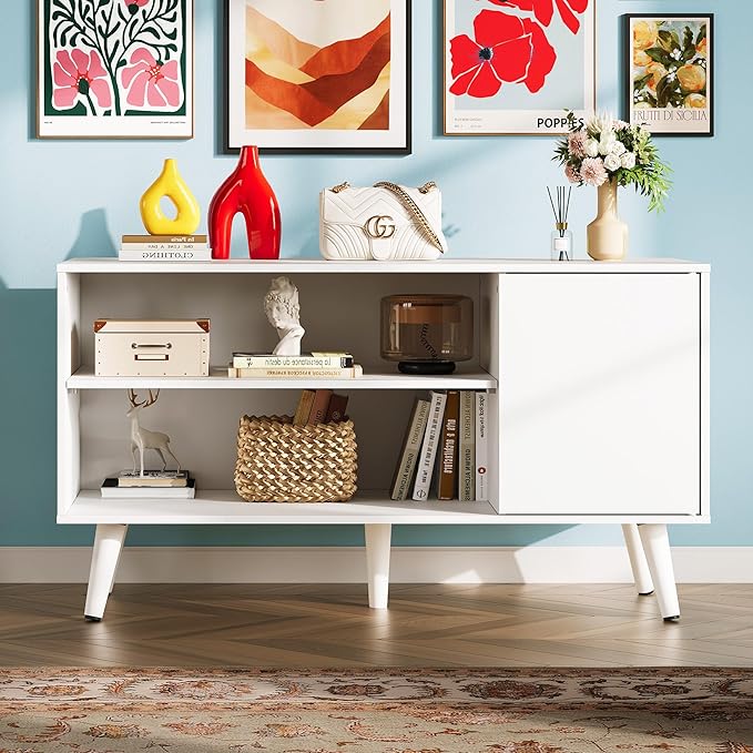 WLIVE TV Stand for 43 Inch TV, Small Entertainment Center with Storage Cabinet & Adjustable Shelves, Mid-Century Modern TV Stands for Living Room and Bedroom, TV Console Suit 32 Inch TV, White