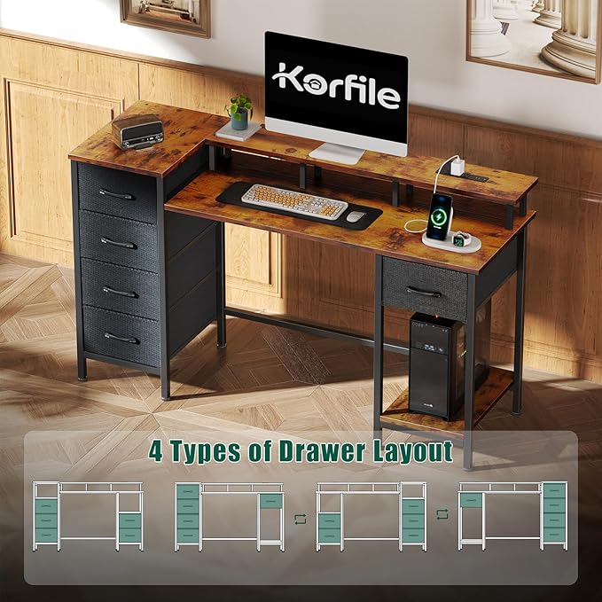 55 Inch Computer Gaming Desk with Power Outlets LED Lights, Reversible Home Office with Adjustable Fabric Storage Drawers for Working Writing Study, Rustic Brown
