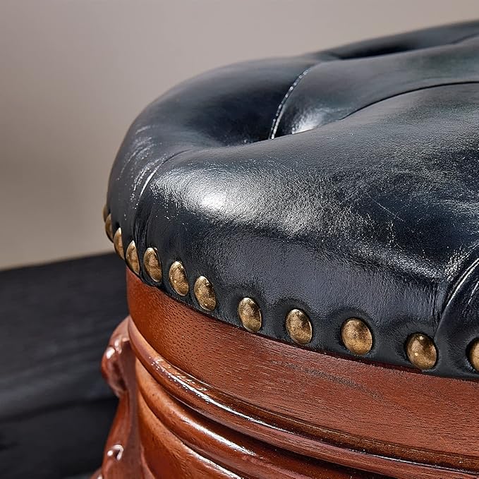 Solid Wood Foot Stool Round Ottoman Mid-Century Footrest Sofa Stool with Microfiber Leather Cushion for Living Room, Bedroom, Entryway (Dark Blue)