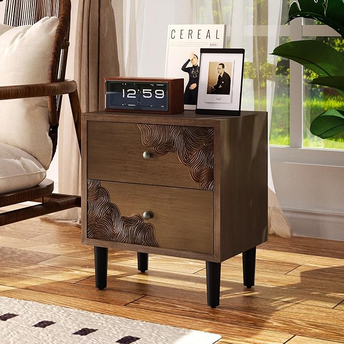 COSIEST Nightstand Set of 2, Mid Century Modern End Table with 2 Storage Drawers, Accent Side Table, Vintage Wood Luxury Night Stand for Bedroom, Living Room, Walnut