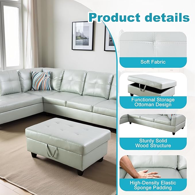 L Shaped Couch PU Leather Sectional Couch Upholstered 3 Pieces Sofas for Living Room with Chaise, Storage Ottoman for Office and Small Apartment, Silver Green