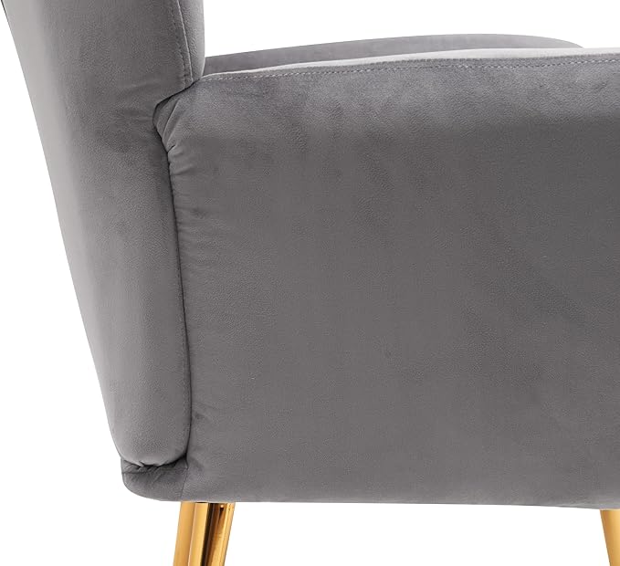 Container Furniture Direct Modern Chic Mid-Century Velvet Accent Armchair for Living Room, Bedroom, or Home Office, Button-Tufted Wingback Design with Gold Flared Legs, Grey