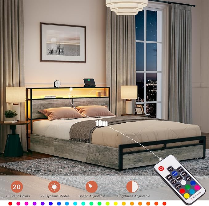 Queen Size Bed Frame with Storage Headboard and 4 Drawers LED Lighting Sturdy Metal Slat Support Non-Slip Noise-Free Platform No Box Spring Needed Greige
