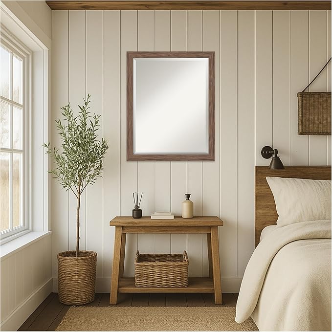 Amanti Art Brown Wall Mirror 25x31 Pia Medium Brown Narrow Rectangle Bathroom Mirror for Wall Decor Living Room, Large Casual Frame, Hangs Horizonally and Vertically, Bathroom Decor, Beveled Edge