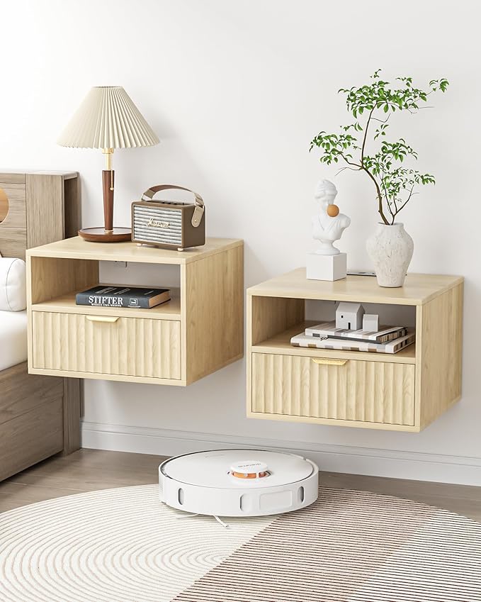 Floating Nightstand Set of 2 - Fluted Night Stand with Charging Station Wood Wall Mounted Nightstand with Drawer & Open Shelf, Modern Bedside Table Large End Table for Bedroom Closet