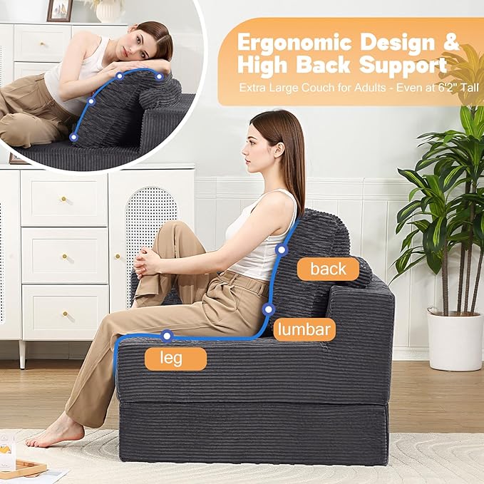MeMoreCool Convertible Sofa Bed Foldable Boneless Couch, Folding Sleeper Chair Bed with L-Shaped Armrest, Comfy Floor Lounge Couch for Adults, Fold Out Single Sofa Chair Futon for Indoor Bedroom