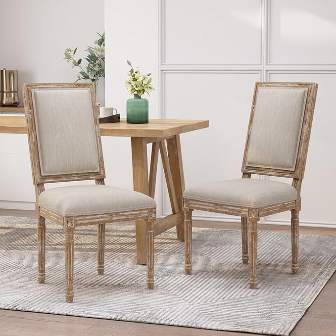 Merax Upholstered Solid Wood Dining Chairs Set of 2, French Country Style Accent Side Seating Furniture for Kitchen, Living Room, Cushioned Back, Beige