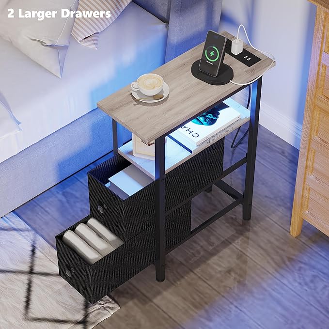 End Table Set 2 with Charging Station, Narrow Side Table with 2 Fabric Drawers, Skinny Nightstand with LED Light, Slim Bedside Table for Bedroom, Living Room, Small Spaces, Greige and Black