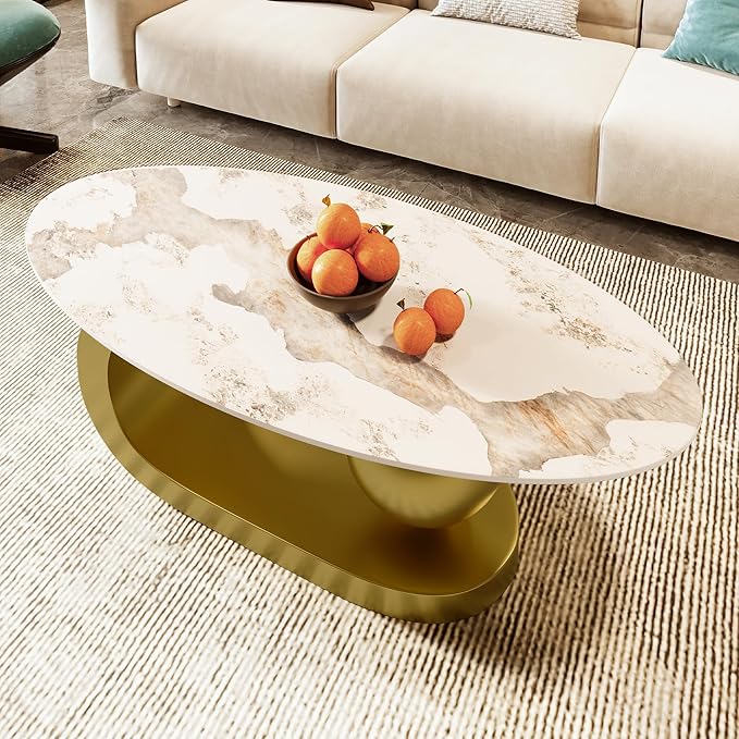 Merax 47.2" Modern Oval Coffee Table, Marble Pattern Sintered Stone Coffee Tabletop with Gold Stainless Steel Base for Living Room, White+Gold