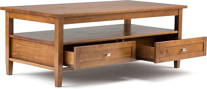 SIMPLIHOME Warm Shaker Coffee Table - 48 inch Wide Solid Wood Cocktail Table in Light Golden Brown, Transitional Living Room Table with 2 Storage Drawers and Open Shelf for Sitting Area or Lounge
