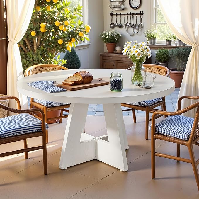 47" Round Dining Table for 4-6, Modern Small Dinner Table Farmhouse Round Kitchen Tables with Wooden Cross Base for Dining Room, Kitchen, Living Room, White