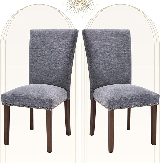 COLAMY Upholstered Parsons Dining Chairs Set of 2, Fabric Dining Room Kitchen Side Chair with Nailhead Trim and Wood Legs - Dark Grey