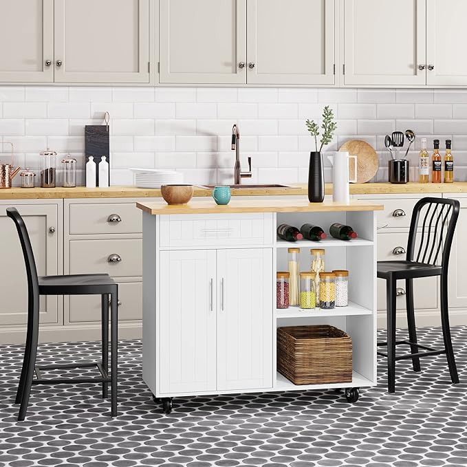 Shintenchi Kitchen Island Cart with Storage,Rolling Kitchen Island Side Table on Wheels with Large Worktop,Storage Cabinet,Towel Rack and Drawers for Kitchen,Dinning Room,White