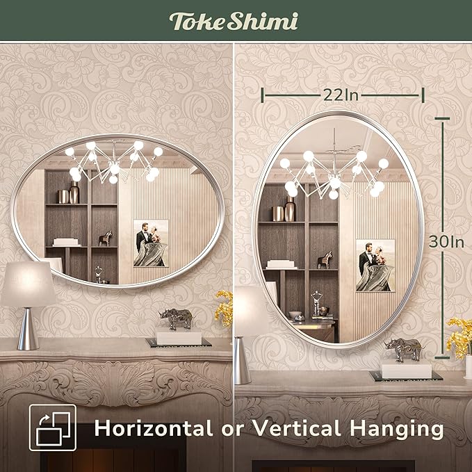 TokeShimi Oval Mirrors for Wall Decor 22x30 Inch with Non-Rusting Aluminum Alloy Brushed Silver Matte Framed Wall Mounted for Bathroom, Entryway, Living Room, Bedroom,Vanity or Horizontal