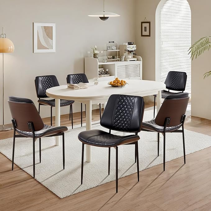 Dining Chairs Set of 4, Upholstered PU Leather Armless Chair, Mid Century Modern Dining Room Chairs, Retro Walnut Bentwood Kitchen Chair with Metal Legs and Adjustable Feet, Black